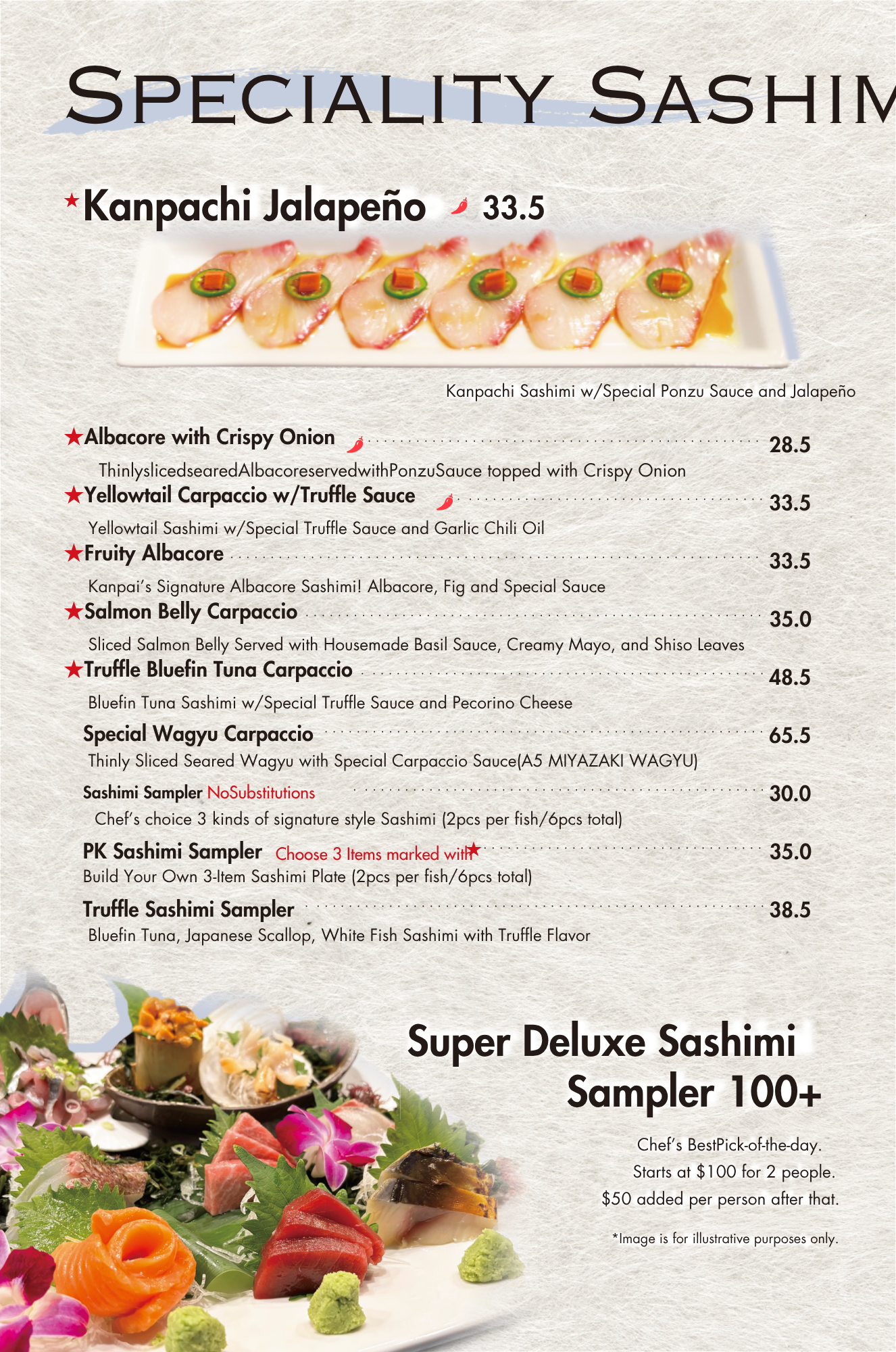 Kanpai Santa Monica dinner menu - specialty sashimi