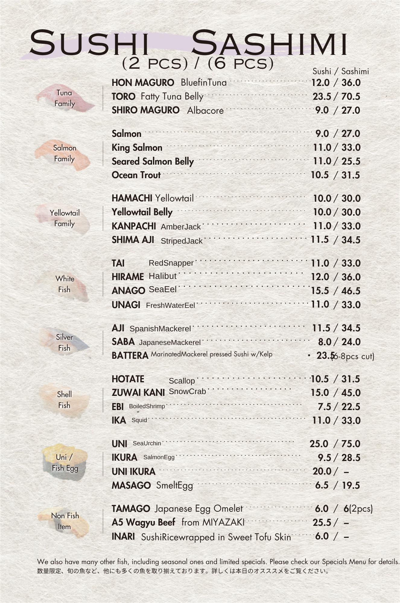 Kanpai Santa Monica dinner menu - sushi and sashimi
