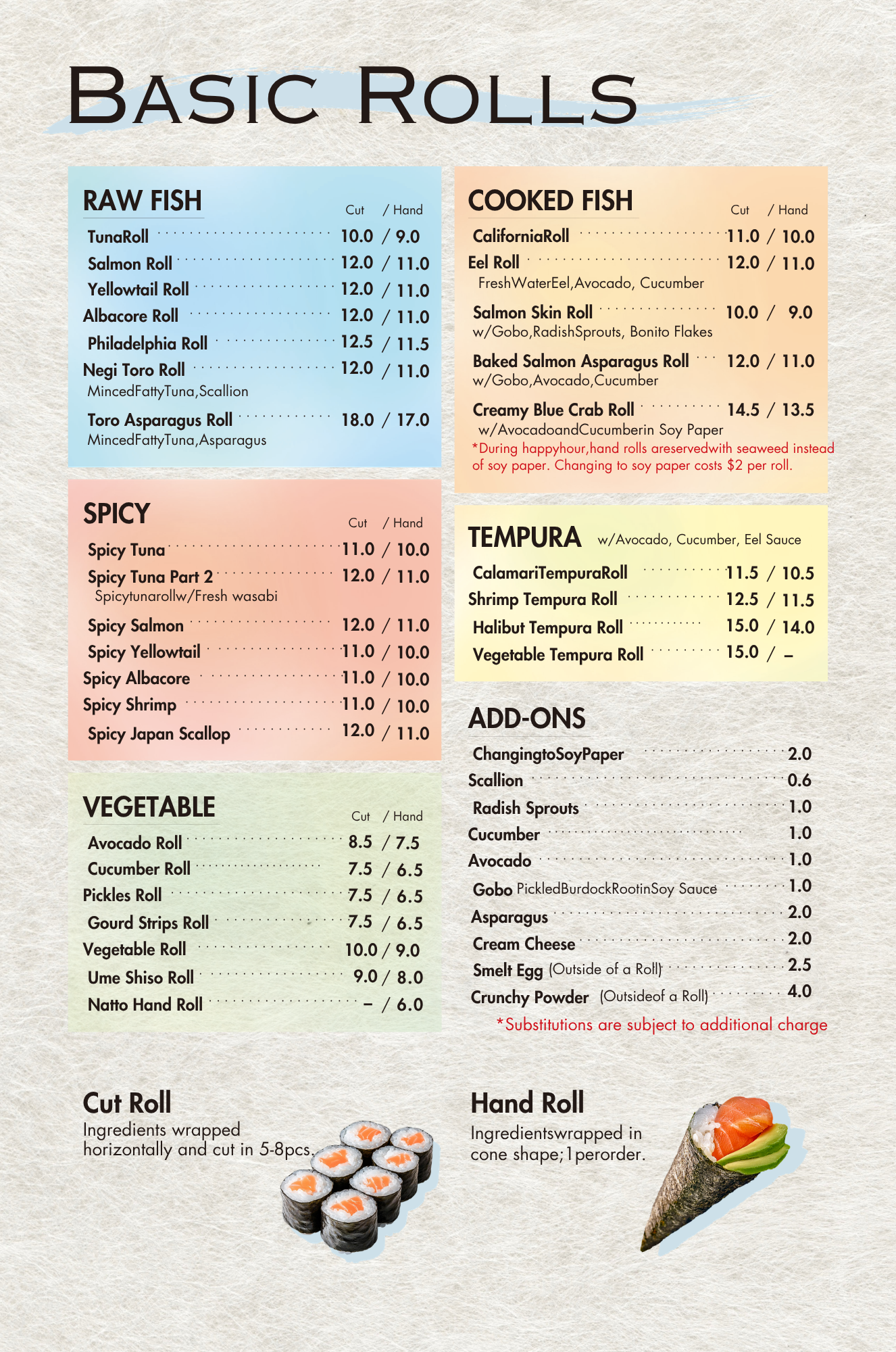 Kanpai Santa Monica dinner menu - basic rolls