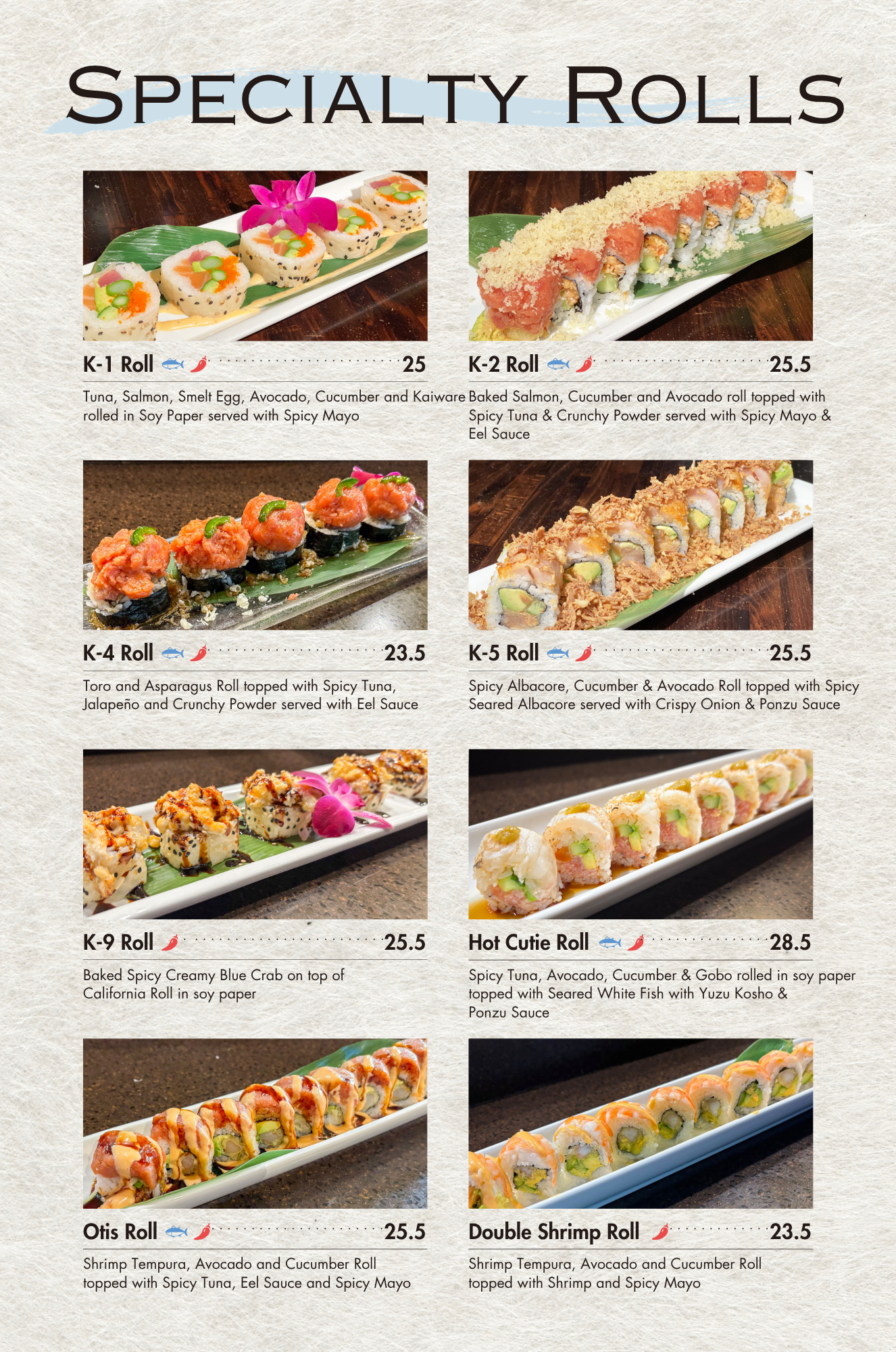 Kanpai Santa Monica dinner menu - specialty rolls
