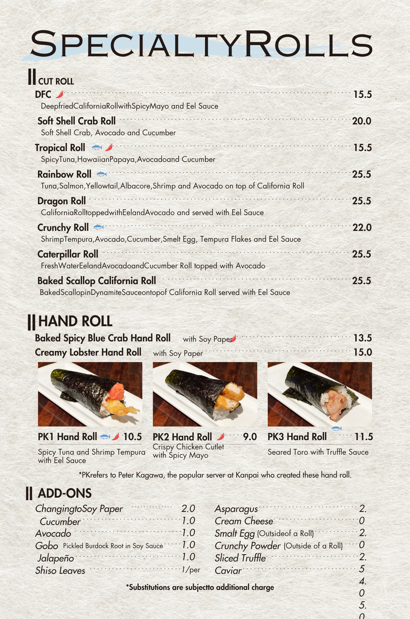Kanpai Santa Monica dinner menu - specialty rolls continued